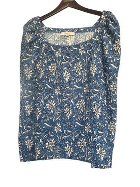 LOFT Blue and White Floral Square-Neck Blouse